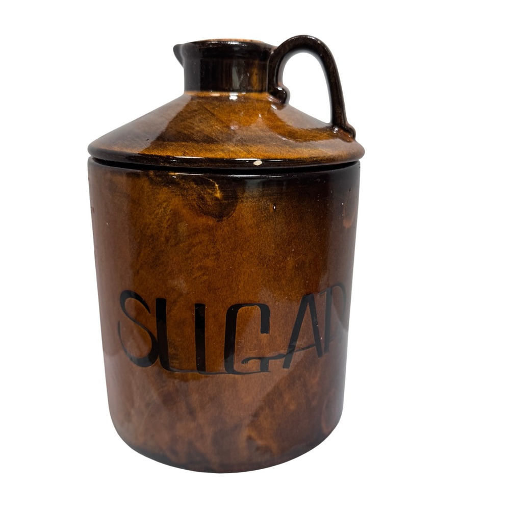 Vintage Holiday Designs Brown Glazed Ceramic SUGAR Canister Jug Lid USA
